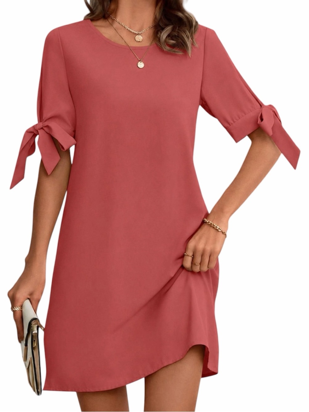SHEIN Coral Shift Dress with Split Tie Cuff Sleeves